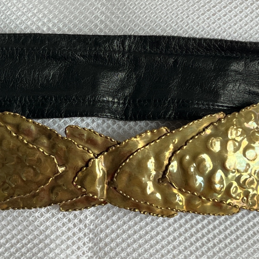 Hammered Metal Leaf Tree Buckle On Leather Belt Statement Brass Adjustable Waist